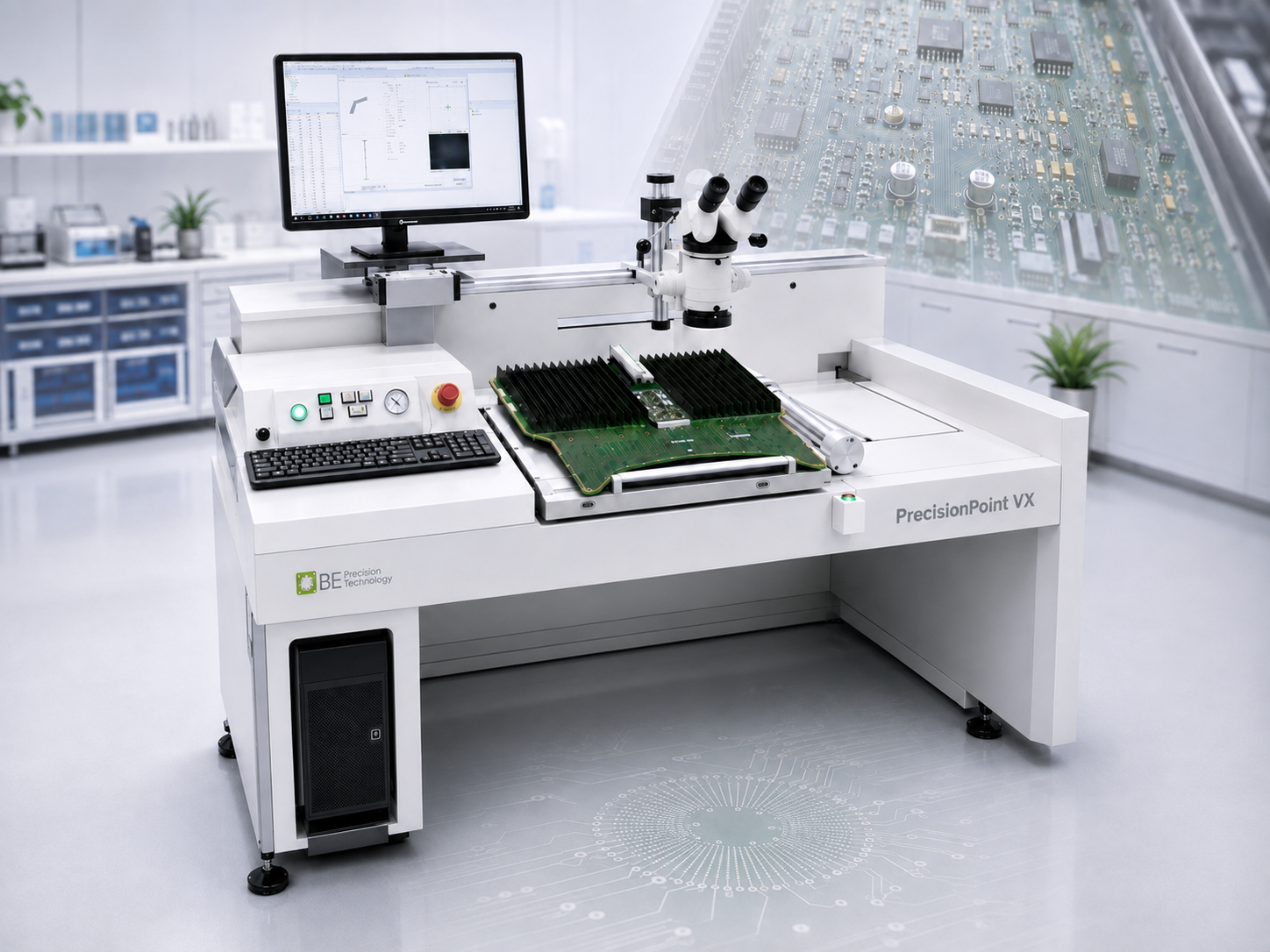 Upgraded probe card analyzer platform in a clean laboratory environment with analysis display and probe card interface, illustrating BE Precision Technology upgrade and metrology solutions.