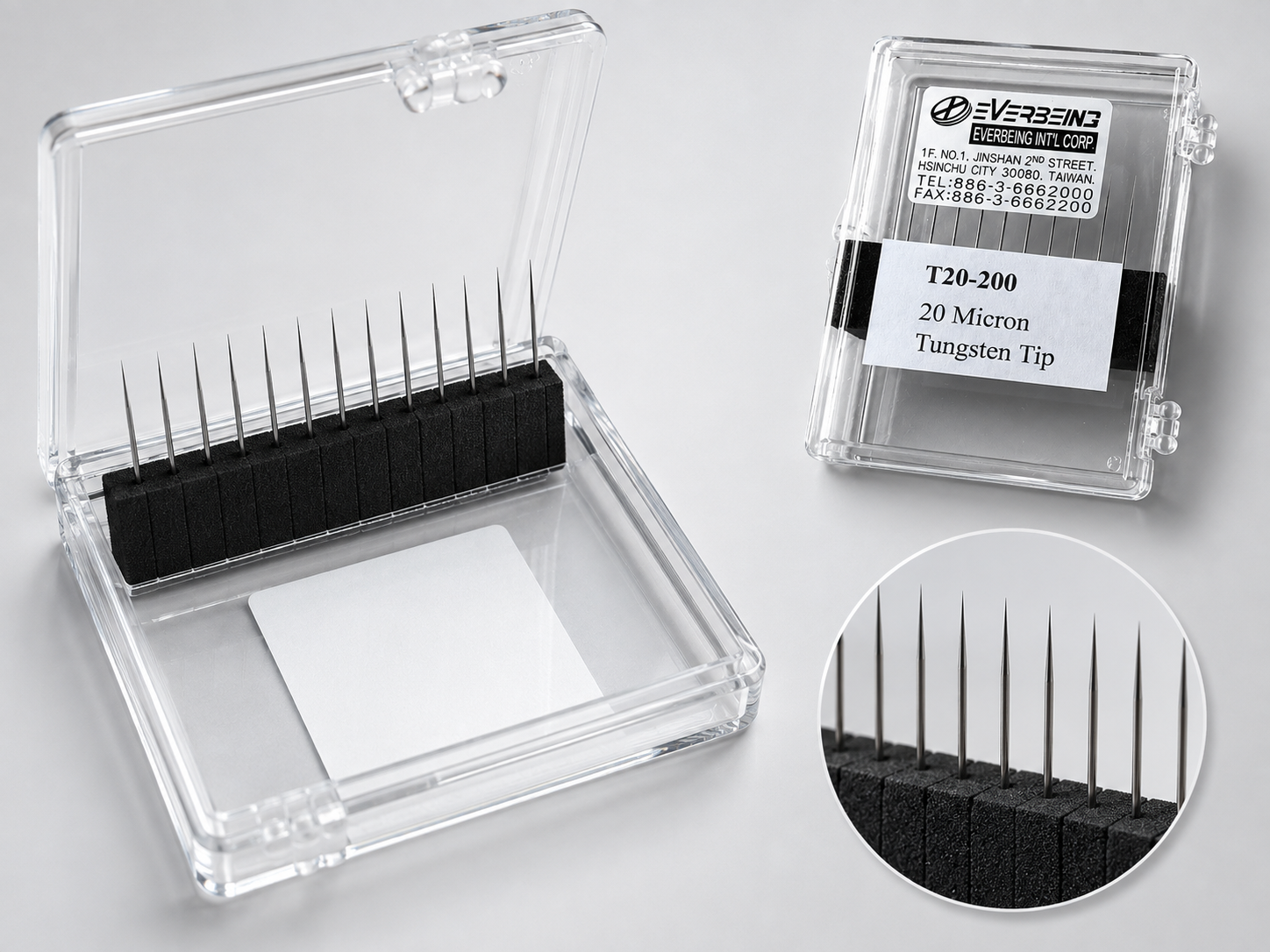 Everbeing T20-200 tungsten probe tips in an open storage box, with closed packaging and a close-up of the 20-micron probe tips.