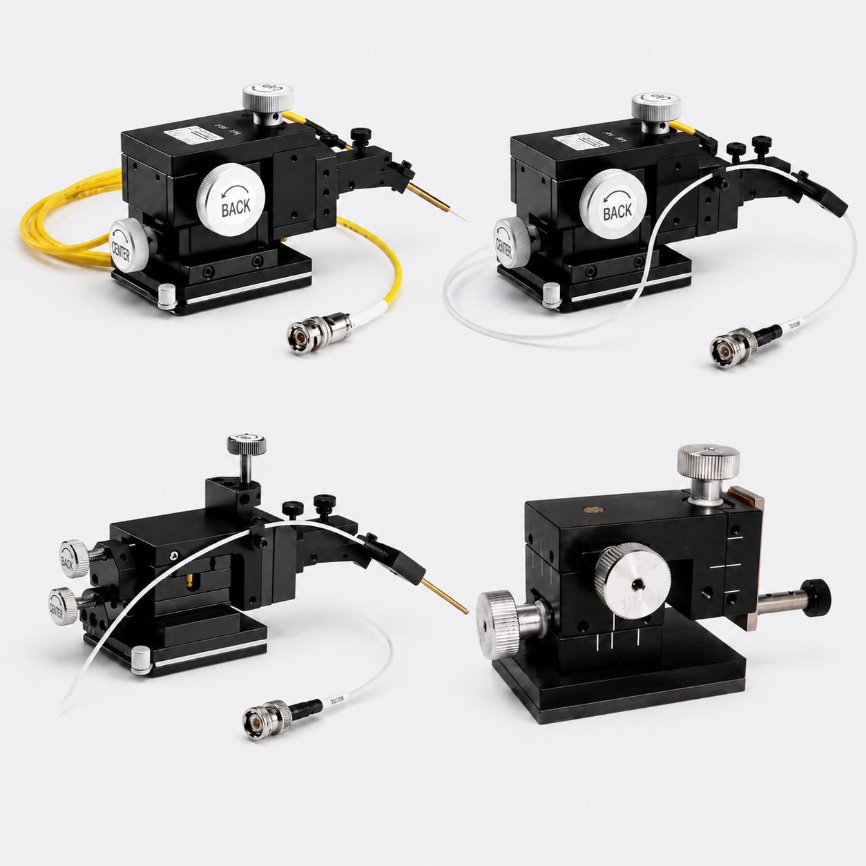 Collage of Everbeing micropositioners including EB-005E, EB-005E with Fiber-T accessory, EB-050 and EB-700 for analytical probe station positioning applications.