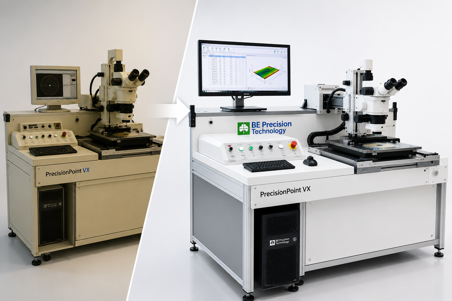 Before-and-after view of a legacy PrecisionPoint VX probe card analyzer upgraded to VX4-class performance and beyond.