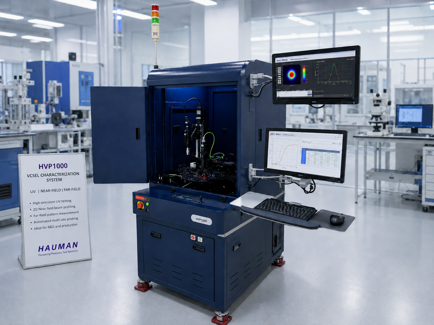 Hauman HVP1000 VCSEL characterization system in a laboratory environment, configured for LIV, near-field and far-field optical measurement with dual-monitor analysis.