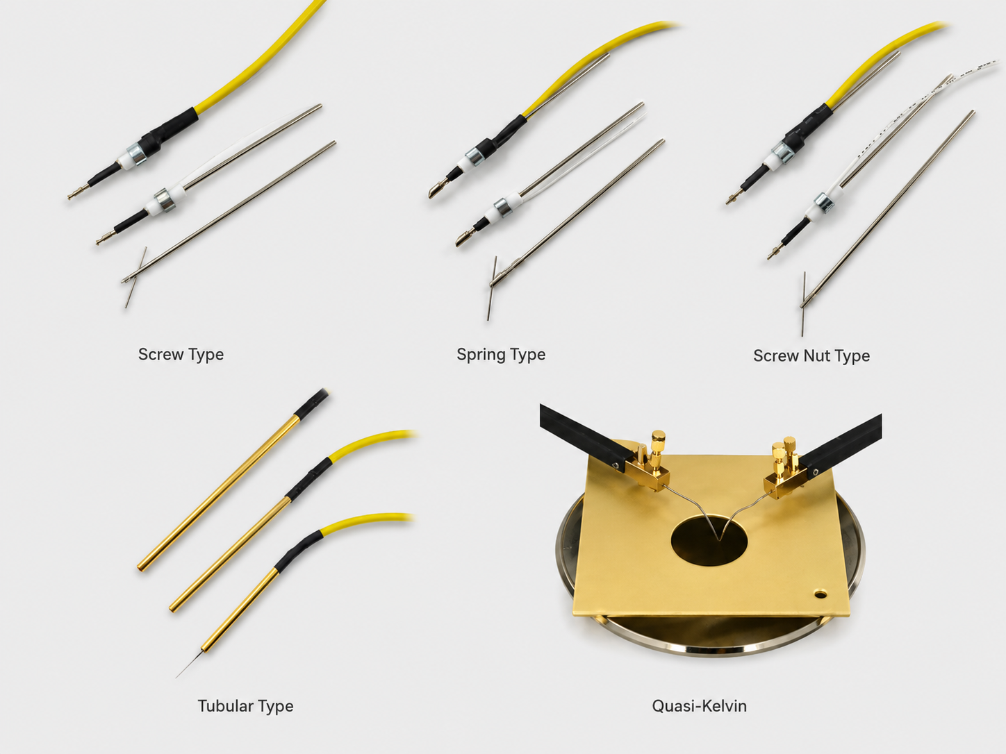 Collage of Everbeing tip holder options showing screw type, spring type, screw-nut type, tubular type and quasi-Kelvin tip holders, including TH-SC, TH-SP, TH-SN and TH-TU style configurations for BNC, coaxial and triaxial probing applications.