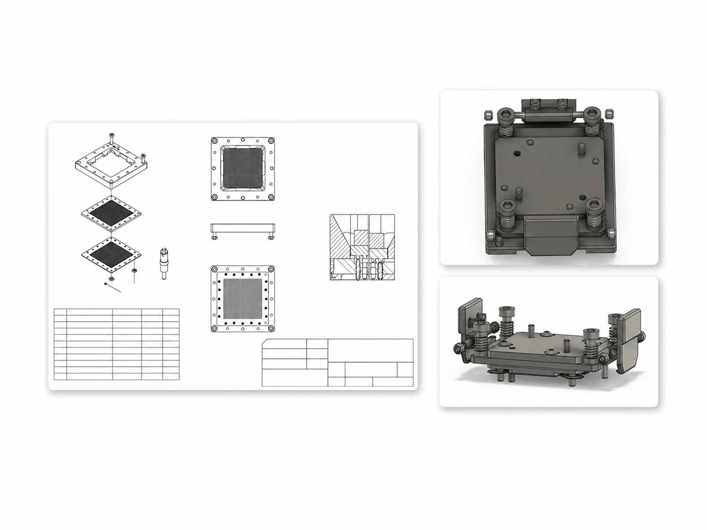 BONRDA test socket engineering collage with technical drawing, CAD top view and 3D mechanical assembly