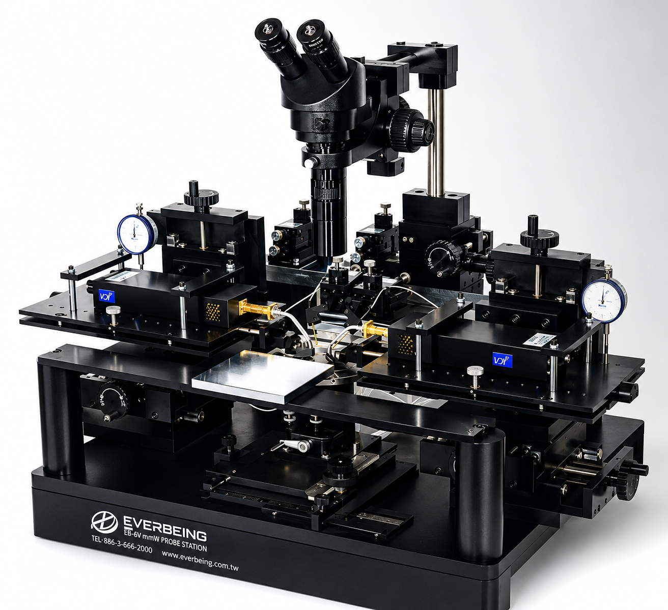 Everbeing EB-6V millimeter-wave probe station with precision positioners for frequency extenders, RF probes and DC contacting.