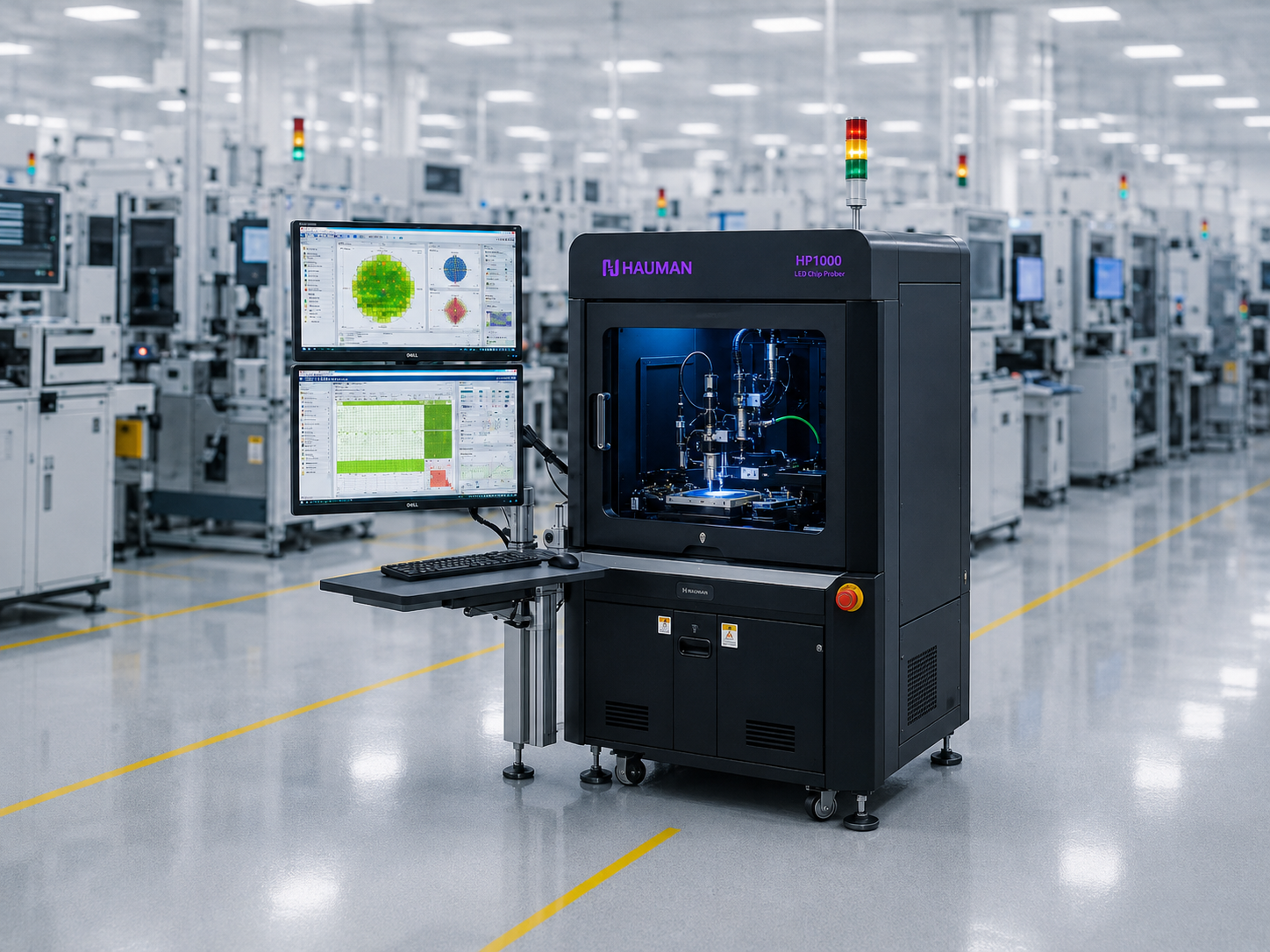 Hauman HP1000 LED chip prober in a semiconductor production test floor, showing a compact automated optical and electrical wafer test system with dual monitors and multi-die probing capability.