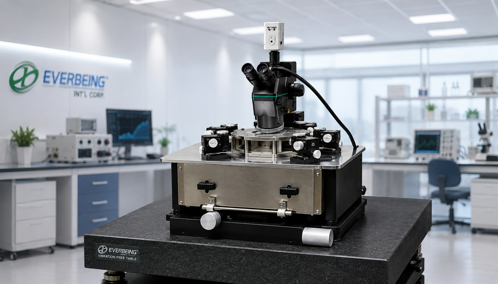 Everbeing analytical probe station shown from the front with microscope and multiple micropositioners in a modern laboratory environment.