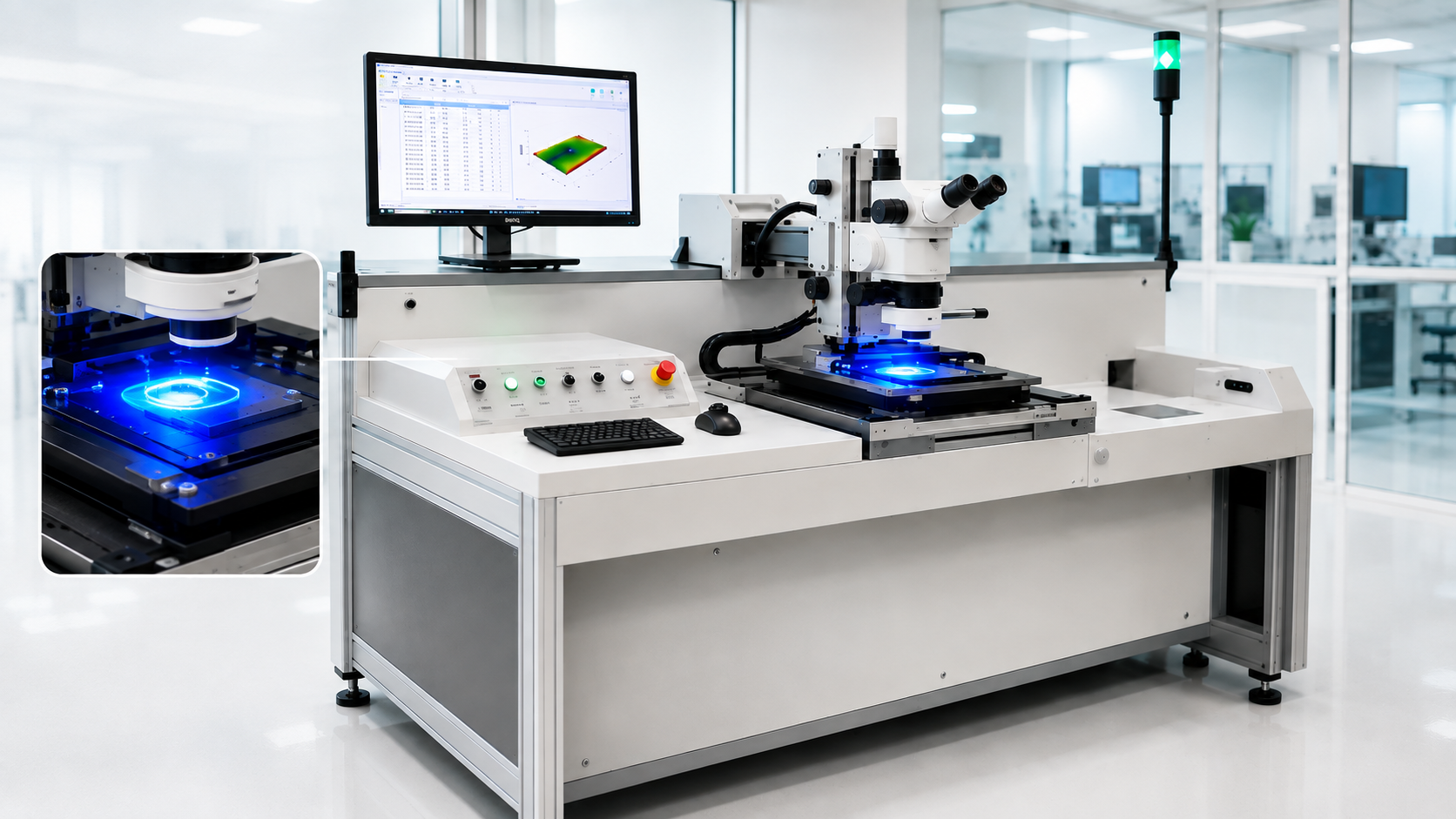 Modernized - upgraded BE Precision Technology probe card analyzer in a clean laboratory with blue-light optical metrology detail.