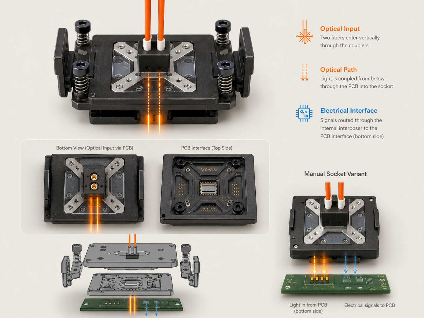 BONRDA optical semiconductor test socket with dual fiber couplers, bottom-side optical access through the PCB and interposer-routed electrical signals