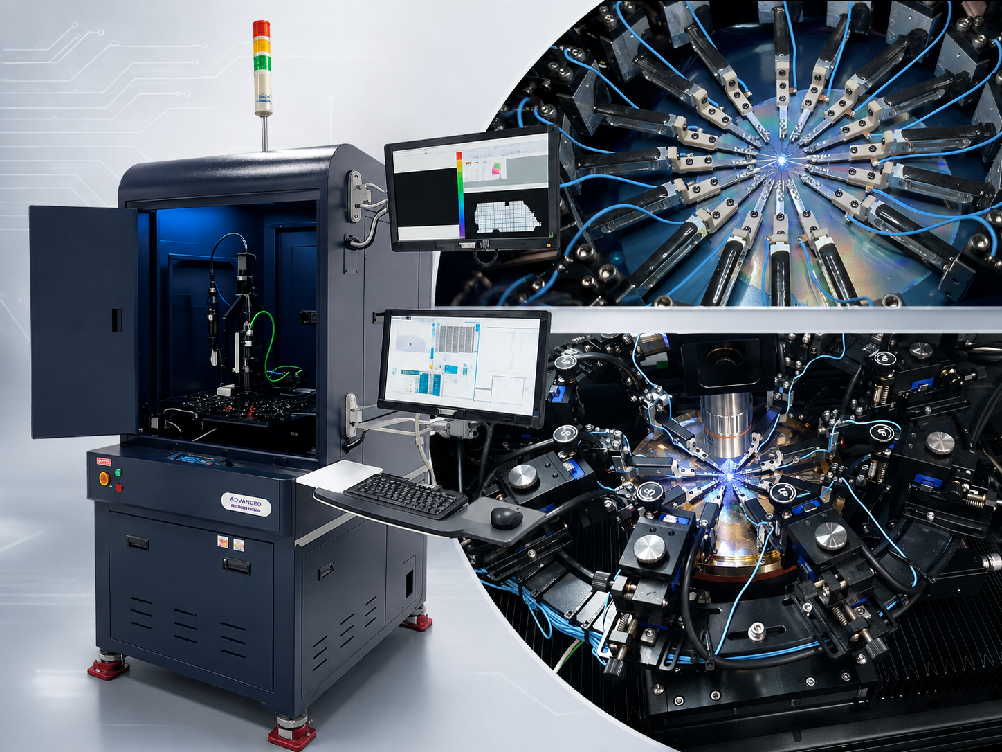 Hauman photonics prober collage showing an automated optical and electrical test system for LED, Micro LED and VCSEL applications, with the main prober station and a close-up of multi-die probing in action with a blue measurement glow.