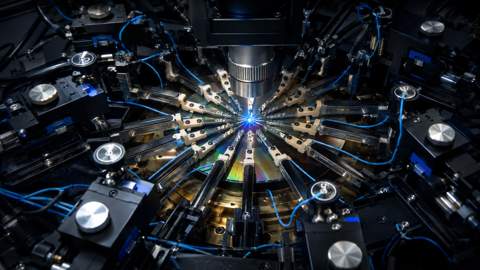 Hauman multi-die wafer probing setup for LED and Mini LED optical and electrical characterization, showing multiple probes contacting devices during active measurement.